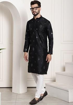 Black Mirror Work Poly Blend Kurta Set For Men