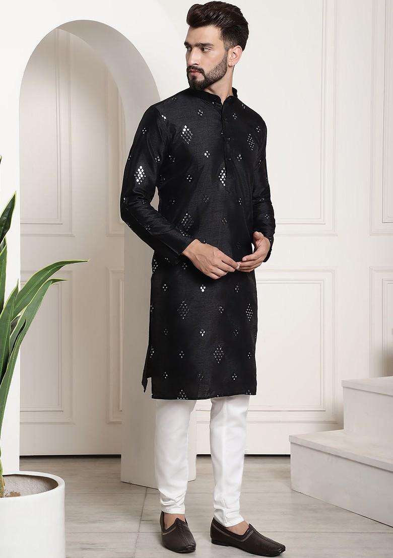 Black Mirror Work Poly Blend Kurta Set For Men