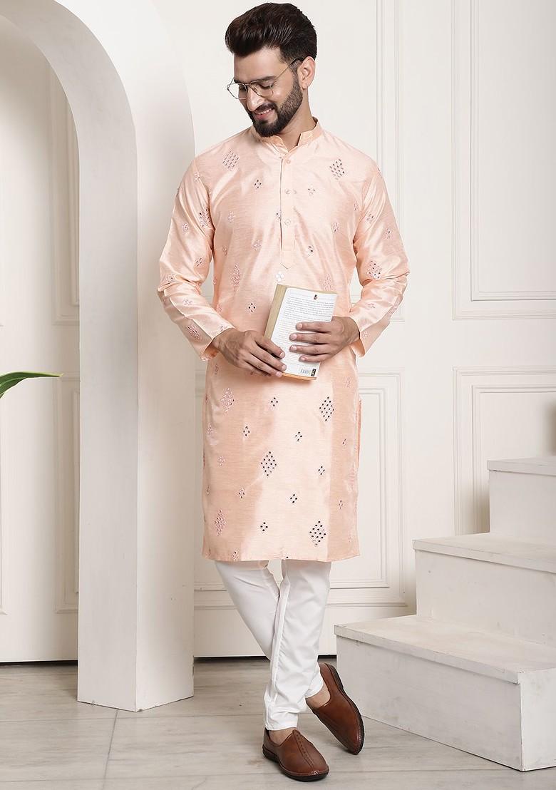 Peach Embroidered Poly Blend Kurta Set For Men