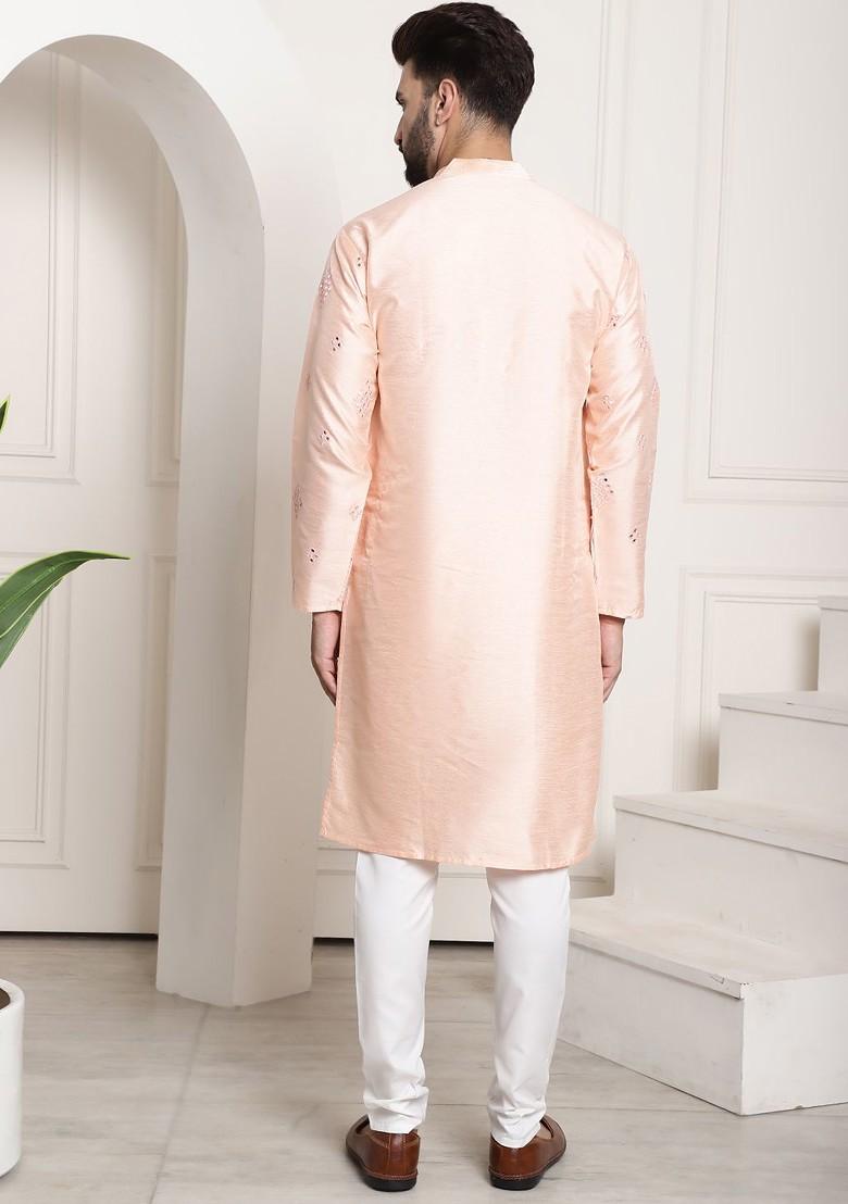 Peach Embroidered Poly Blend Kurta Set For Men