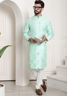 Sea Green Embroidered Poly Blend Kurta Set For Men