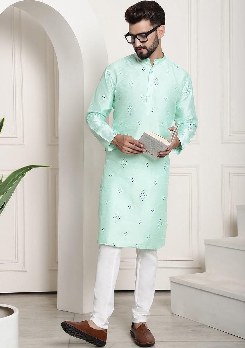 Sea Green Embroidered Poly Blend Kurta Set For Men