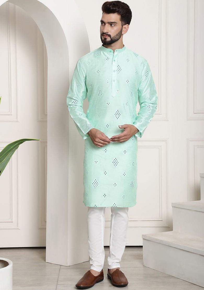 Sea Green Embroidered Poly Blend Kurta Set For Men