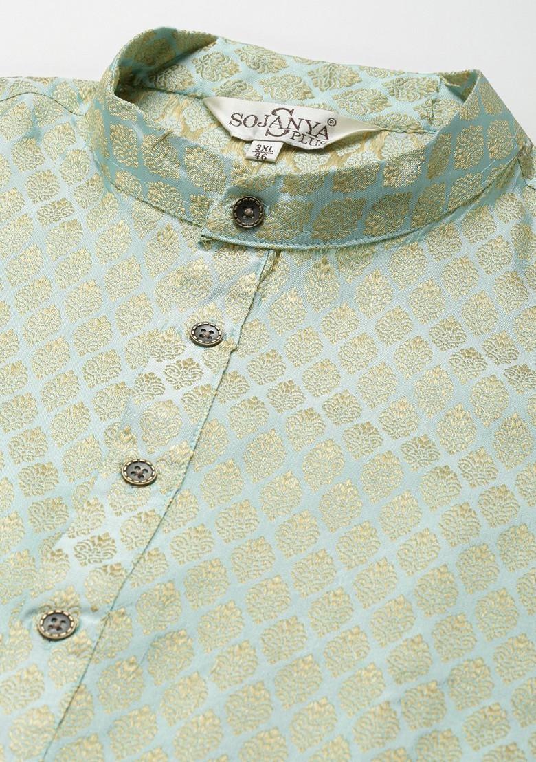 Green Woven Poly Blend Kurta Set For Men