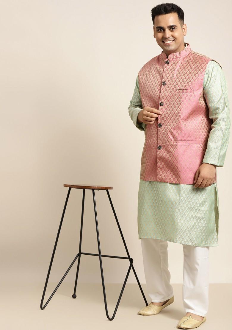 Green Woven Poly Blend Kurta Set For Men
