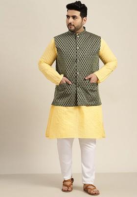 Yellow Solid Cotton Kurta Set For Men