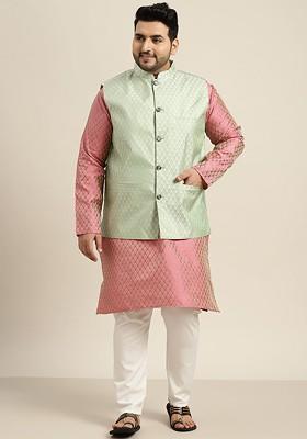 Pink Solid Poly Blend Kurta Set For Men