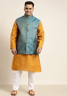 Mustard Solid Cotton Kurta Set For Men