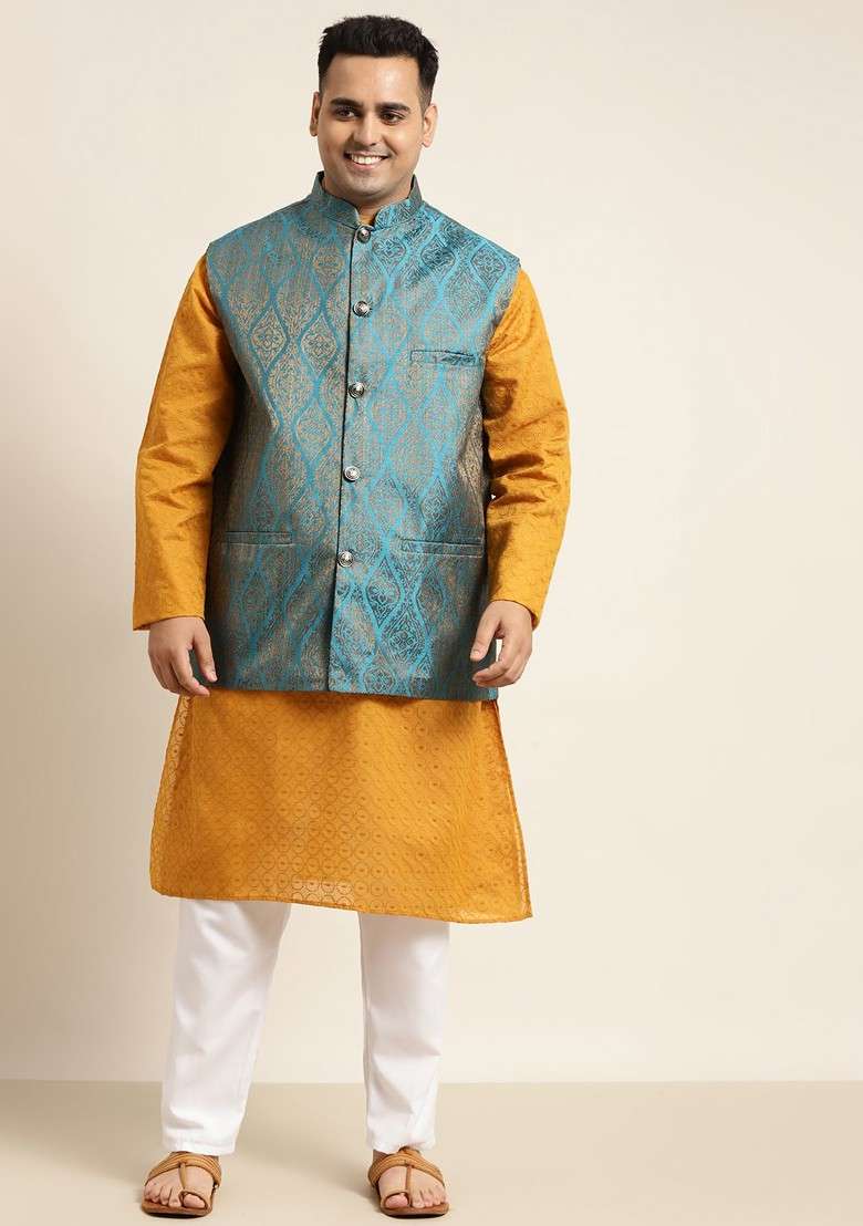 Mustard Solid Cotton Kurta Set For Men - Indya