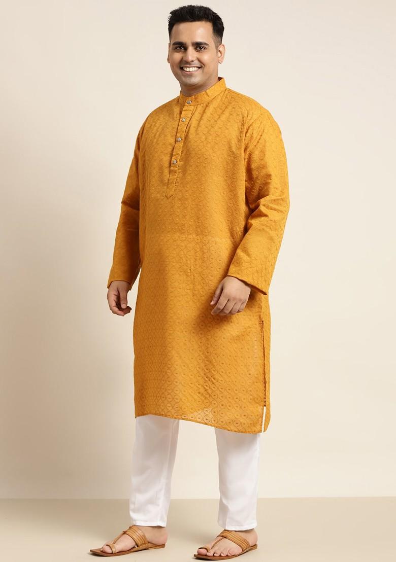 Mustard Solid Cotton Kurta Set For Men