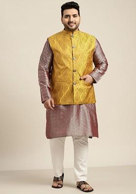 Taupe Brown Woven Poly Blend Kurta Set For Men