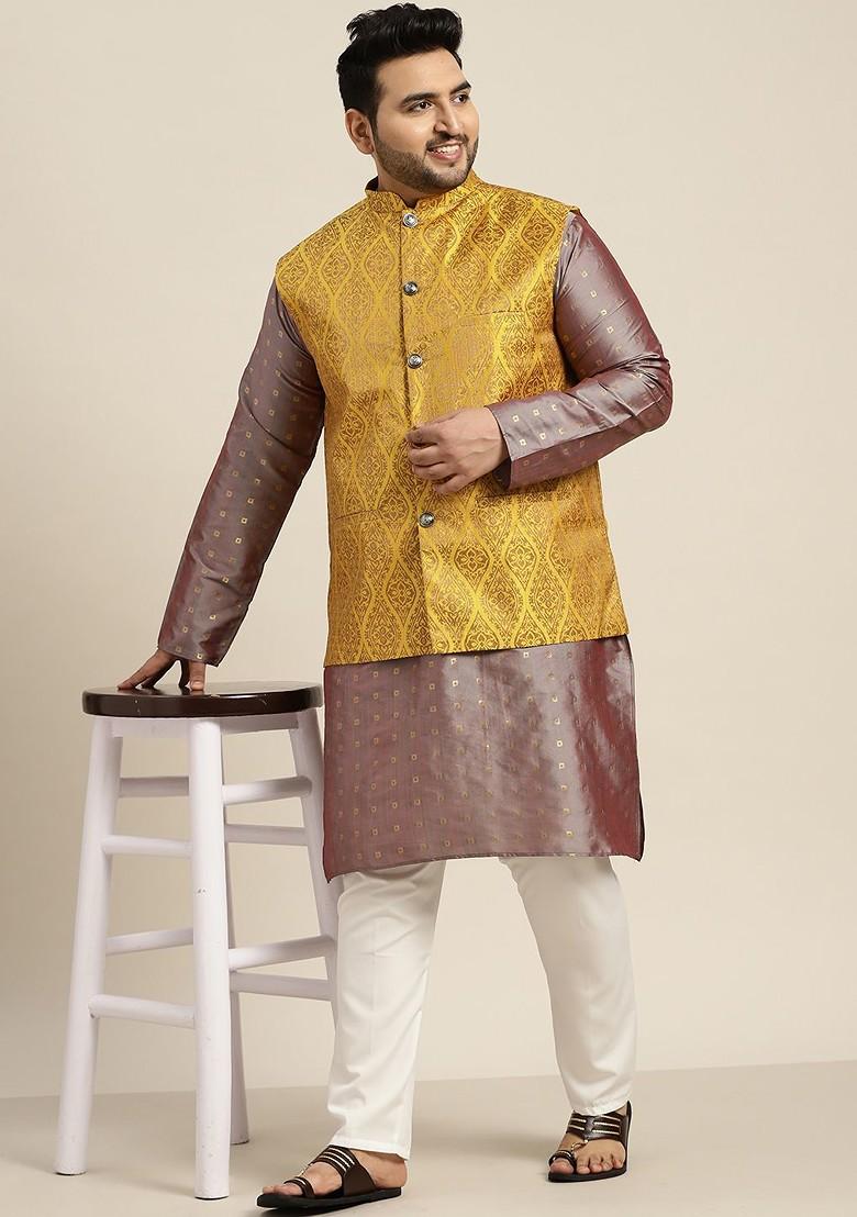 Taupe Brown Woven Poly Blend Kurta Set For Men