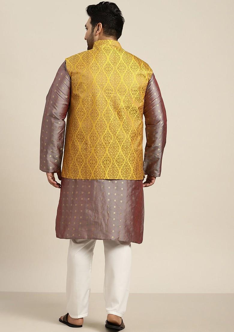 Taupe Brown Woven Poly Blend Kurta Set For Men