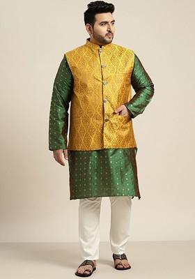 Green Woven Poly Blend Kurta Set For Men