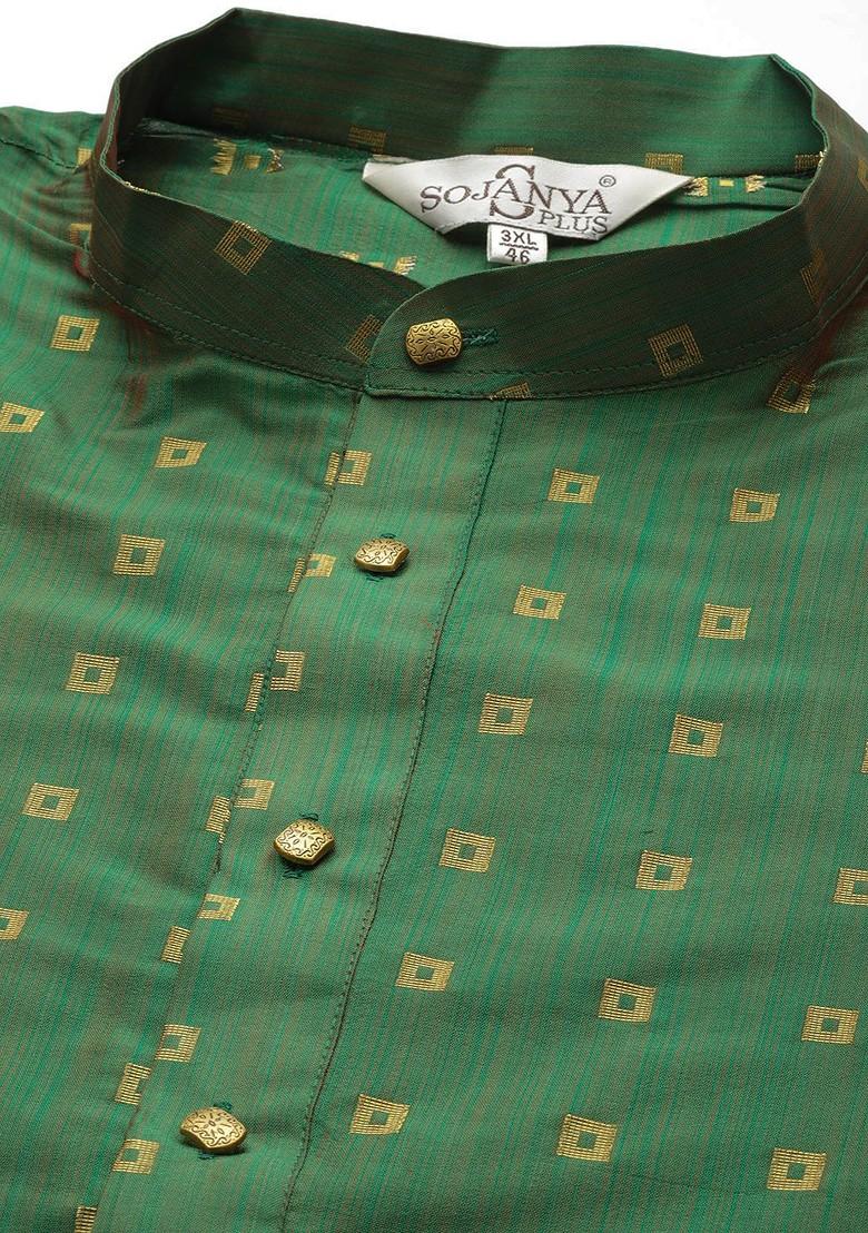 Green Woven Poly Blend Kurta Set For Men