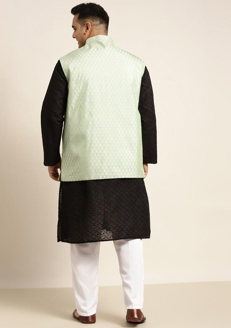 Black Solid Cotton Kurta Set For Men