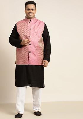 Black Solid Cotton Kurta Set For Men