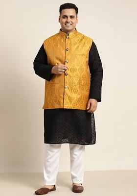 Black Solid Cotton Kurta Set For Men