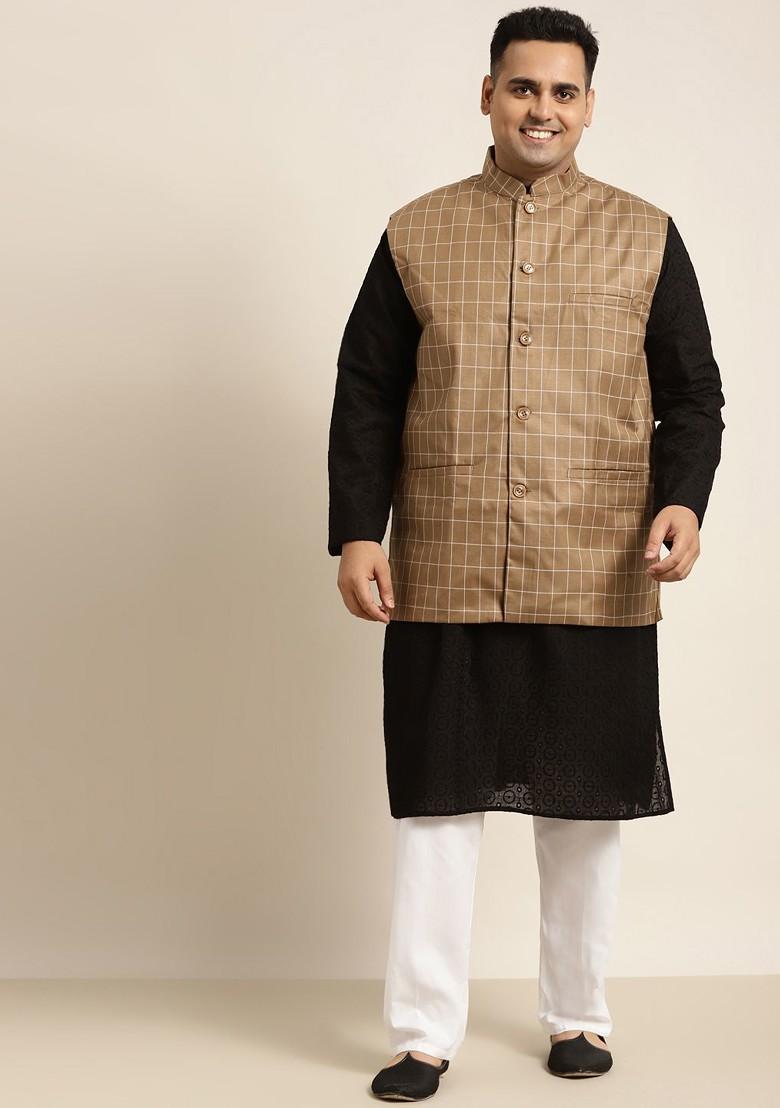 Black Solid Cotton Kurta Set For Men