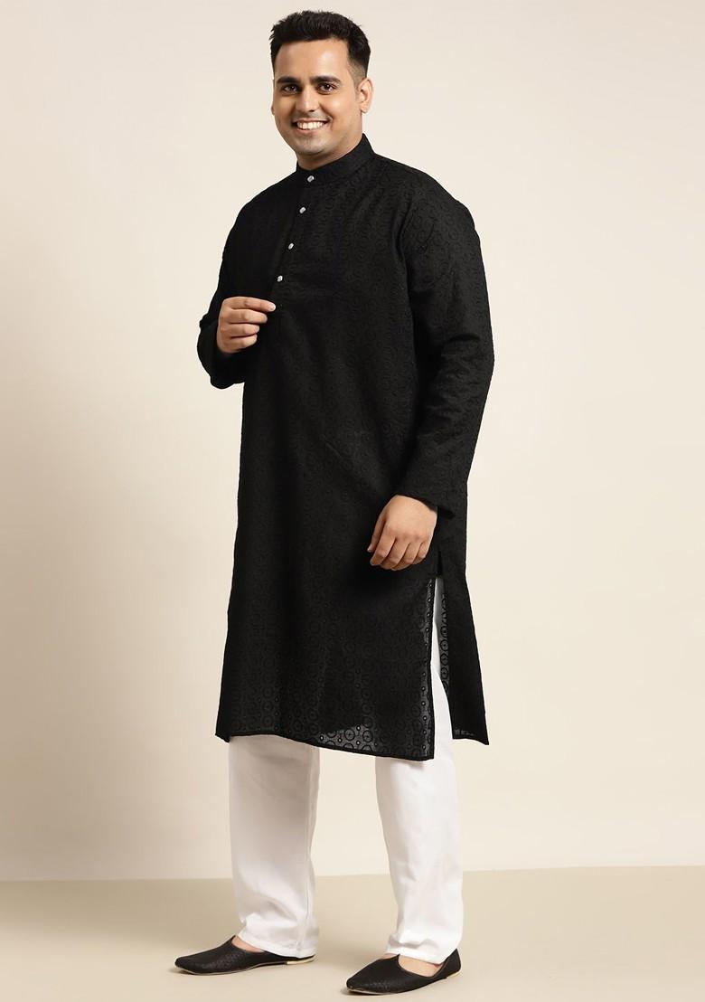 Black Solid Cotton Kurta Set For Men