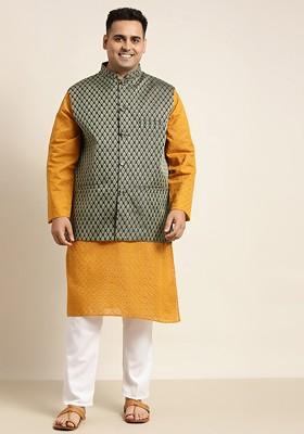 Mustard Solid Cotton Kurta Set For Men