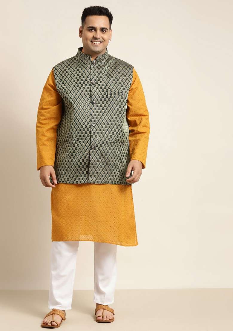 Mustard Solid Cotton Kurta Set For Men - Indya