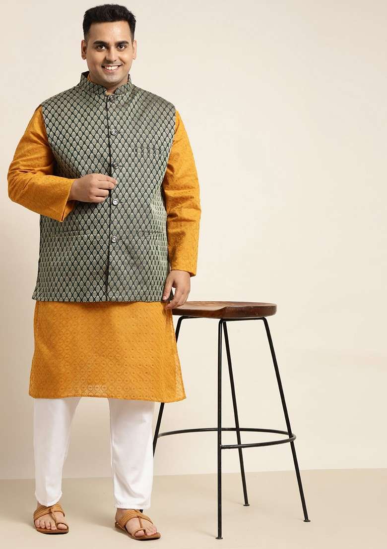 Mustard Solid Cotton Kurta Set For Men - Indya