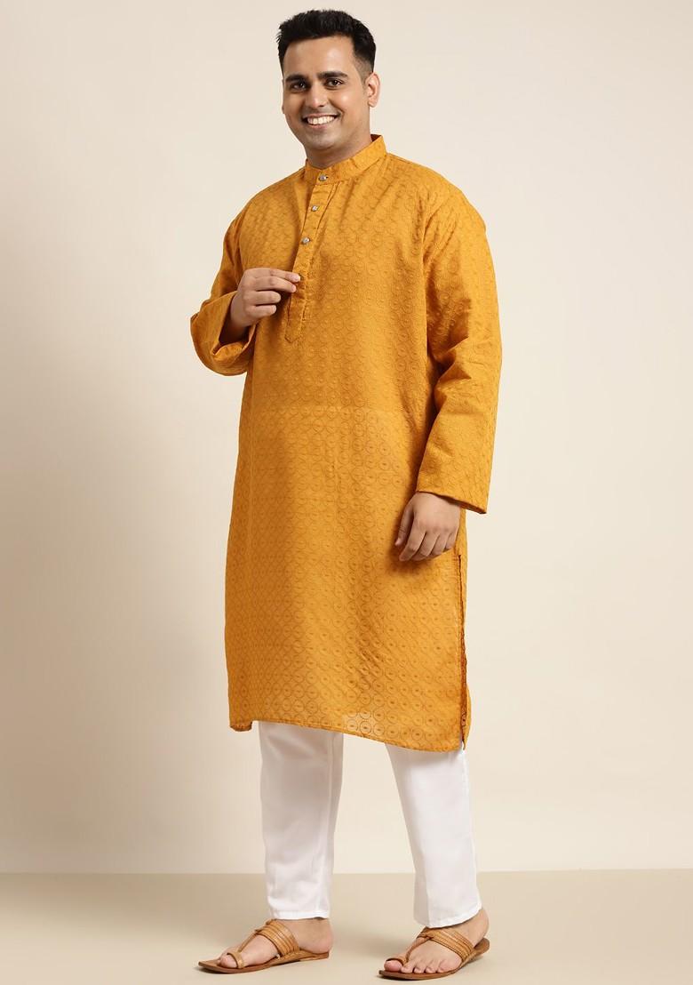 Mustard Solid Cotton Kurta Set For Men