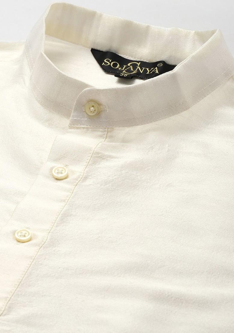Off White Solid Cotton Kurta Set For Men