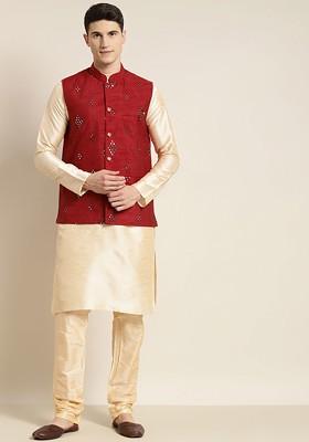 Gold Solid Cotton Kurta Set For Men