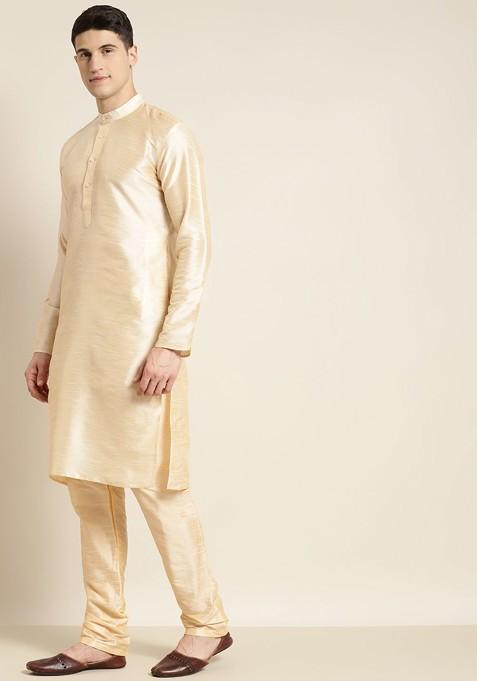Gold Solid Cotton Kurta Set For Men