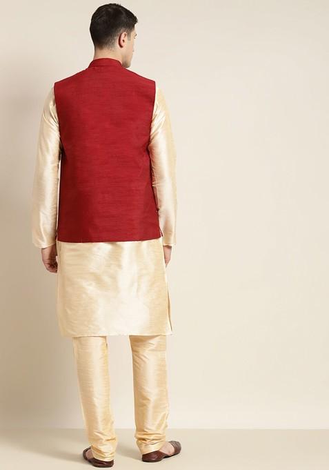 Gold Solid Cotton Kurta Set For Men