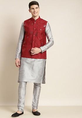 Grey Mirror Work Poly Blend Kurta Set For Men