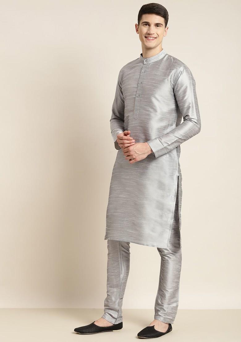 Grey Mirror Work Poly Blend Kurta Set For Men