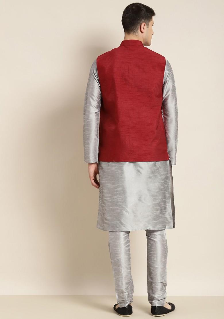 Grey Mirror Work Poly Blend Kurta Set For Men