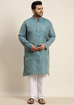 Blue Solid Jacquard Kurta Set For Men
