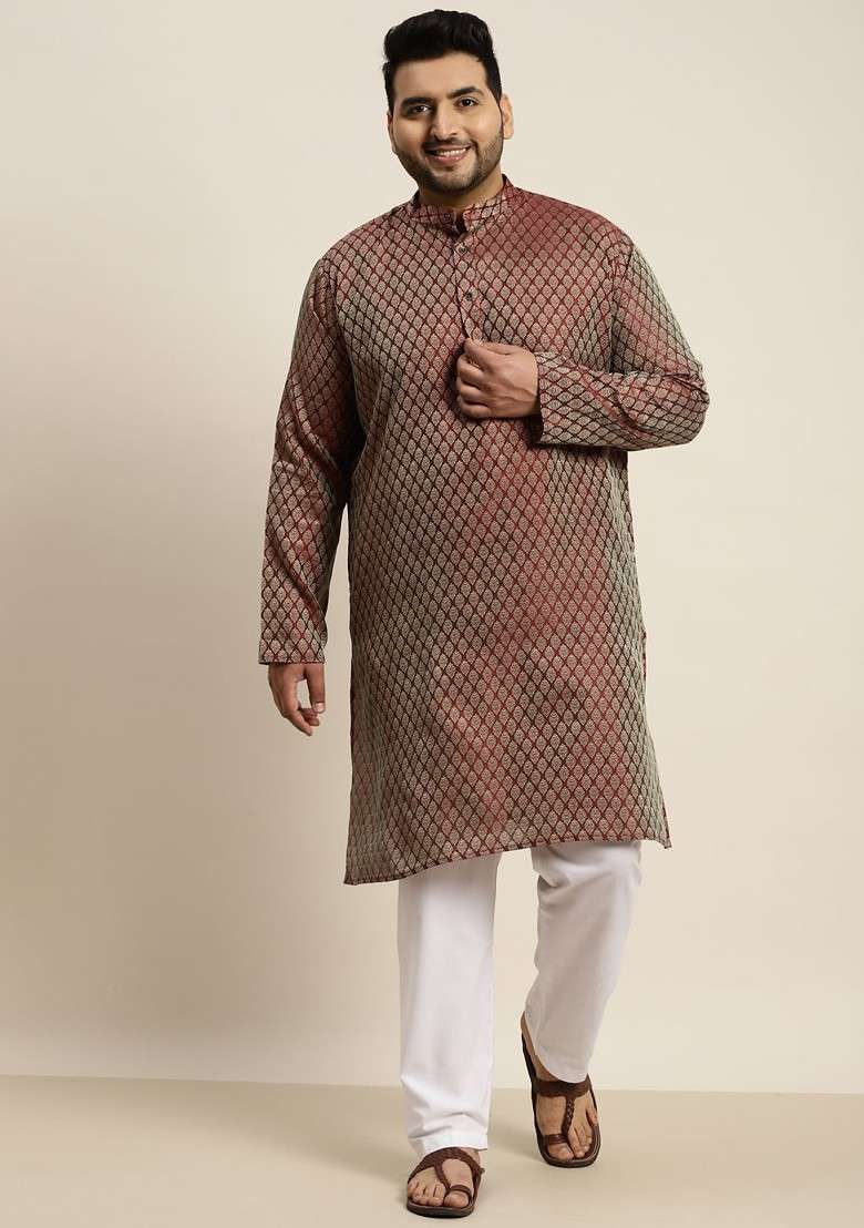 Maroon Solid Jacquard Kurta Set For Men - Indya