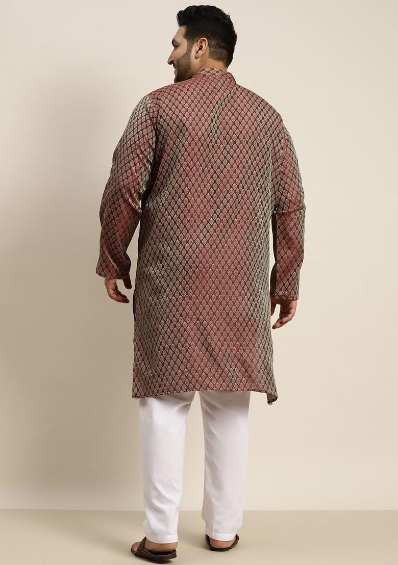 Maroon Solid Jacquard Kurta Set For Men