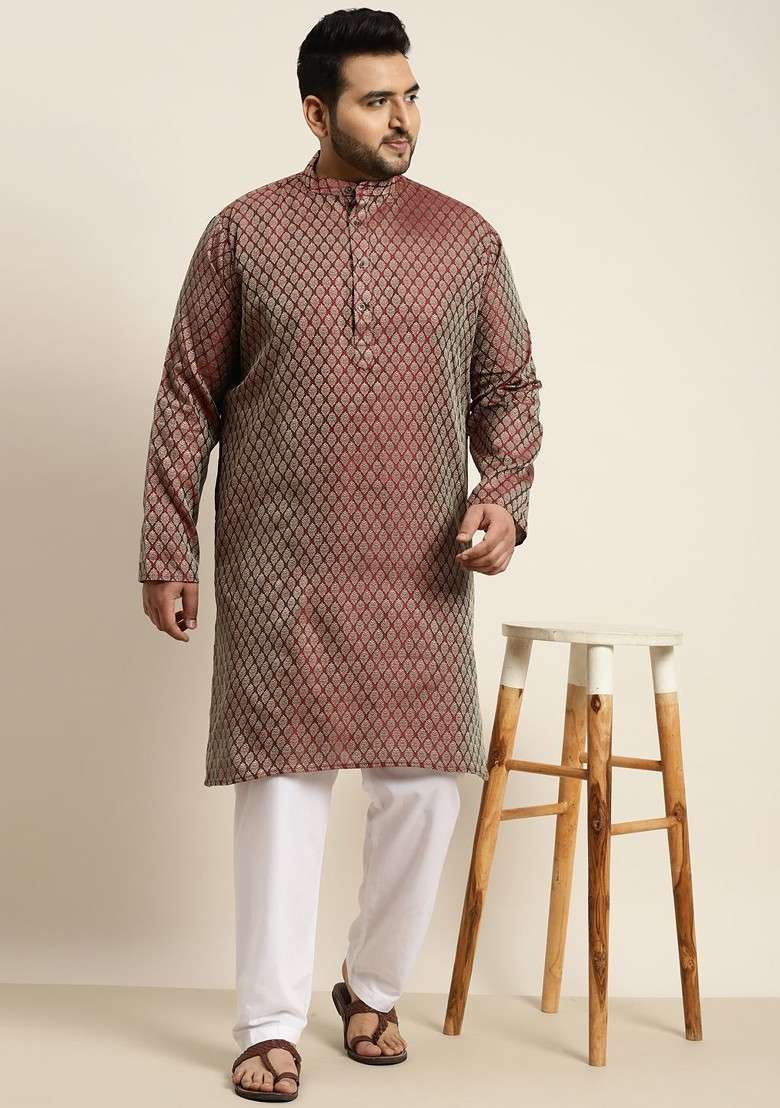 Maroon Solid Jacquard Kurta Set For Men - Indya