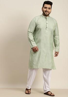 Green Solid Jacquard Kurta Set For Men