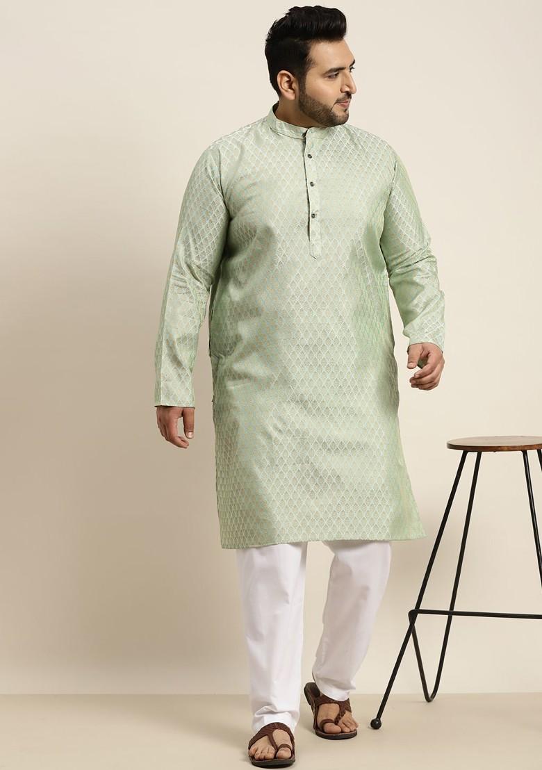 Green Solid Jacquard Kurta Set For Men