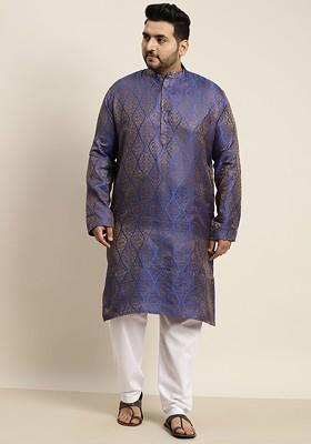 Blue Solid Jacquard Kurta Set For Men