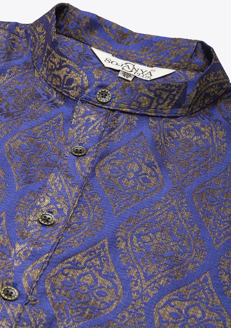 Blue Solid Jacquard Kurta Set For Men