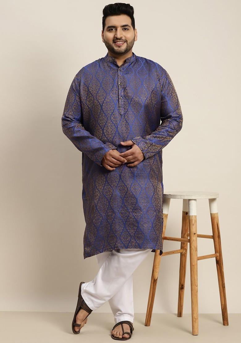 Blue Solid Jacquard Kurta Set For Men