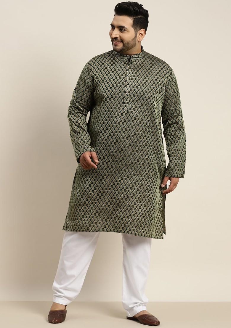Green Solid Jacquard Kurta Set For Men