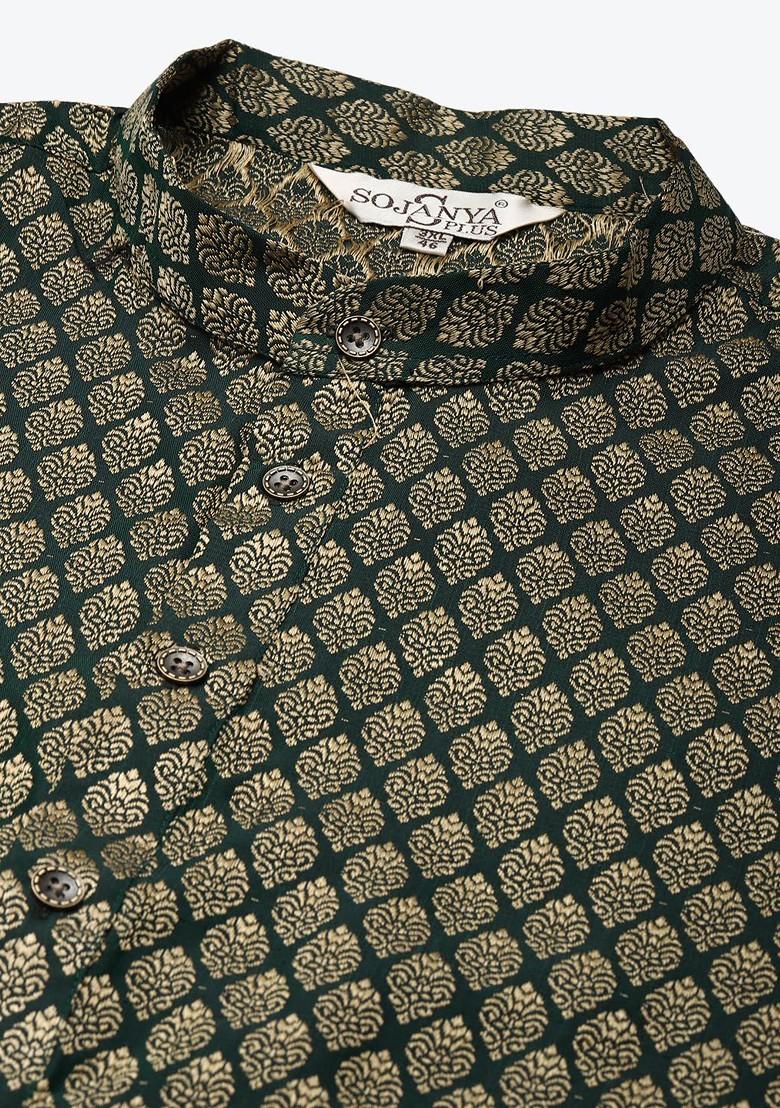 Green Solid Jacquard Kurta Set For Men