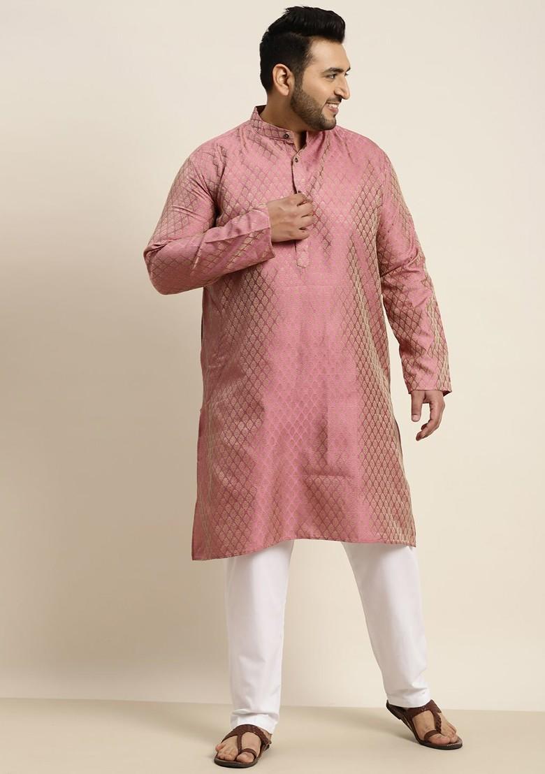 Pink Solid Jacquard Kurta Set For Men
