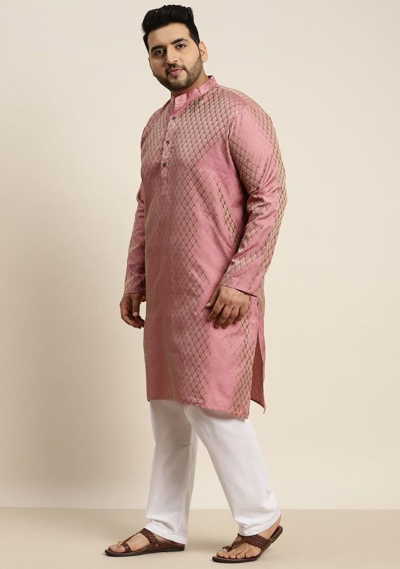 Pink Solid Jacquard Kurta Set For Men