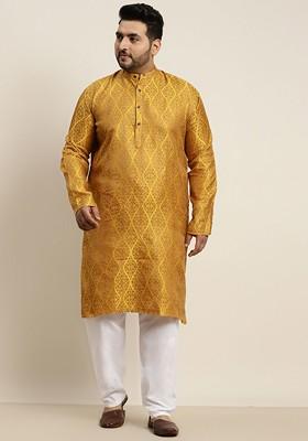 Mustard Woven Silk Kurta Set For Men