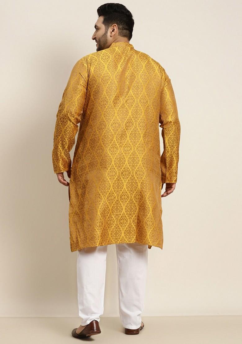 Mustard Woven Silk Kurta Set For Men